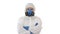 Doctor in protective suits with folded hands on white background.