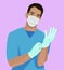 Doctor putting on gloves flat vector illustration. Professional surgeon in uniform.