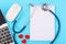 Doctor`s Day concept, flat lay top view, stethoscope with peper note diagnosis of heart disease