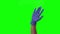 Doctor`s female hand in blue glove is waving welcoming you and gesturing come here at green screen. Close up motion.