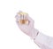 Doctor\'s hand in gloves holding a transparent container with the