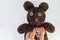 Doctor`s hand holding stethoscope put on red heart on cute brown handmade fluffy doll with pitty eyes, healthcare for children or