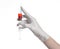 Doctor\'s hand holding a syringe, white gloved hand, a large syringe, the doctor makes an injection, white background