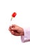 A doctor`s hand holds a glass test tube with a red tulip, isolated on white background. Concept of spring flowers and medicine
