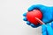 The doctor`s hand was wearing a blue glove, holding a heart and a red syringe. Concept of Coronary Angiography CAG. Close-up,