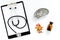 Doctor`s table. Clip pad, stethoscope, pills and cuvette with ampoulie on white background top view