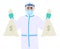 Doctor in safety protection suit dress, mask, glasses and face shield holding cash, money bag. Physician or surgeon holding