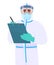 Doctor in safety protection suit dress, mask, glasses and face shield writing on clipboard. Physician or surgeon holding notepad