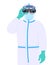 Doctor in safety protection suit, mask, glasses and face shield looking through binoculars. Physician or surgeon holding digital