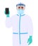 Doctor in safety protection suit, medical mask, glasses and face shield showing phone. Physician holding mobile, cell