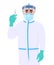 Doctor in safety protective suit and holding medical syringe needle. Surgeon showing injection medicine. Physician wearing