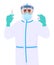 Doctor in safety protective suit  holding syringe, vaccine vial. Surgeon showing injection medicine. Physician wearing personal