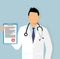 Doctor with a sheet of assignment in his hand. gynecologist in office vector illustration. Medical doctor with stethoscope