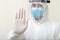 Doctor show sign Stop gesture NO to pandemic of Covid-19, Coronavirus wearing protection suit and face mask on white background.