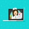 Doctor showing bad diagnosis results on laptop vector, flat cartoon unhappy woman medic or physician and paper document
