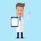 Doctor showing a clipboard and showing OK gesture. Happy doctor in a medical gown holding a clipboard. Vector illustration