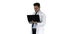 Doctor showing results in laptop on white background.