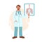 Doctor shows the image of the lungs. Doctor or scientist in medical clothes. Antivirus concept. Vector illustration in flat style