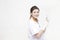 Doctor with smile which preparation syringe and  needle vaccination for a operation  on white background