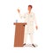 Doctor speaker behind podium. Medical, health lecture, speech of scientist at stand. Physician presenter with microphone