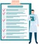 Doctor standing near big checklist with check marks. Male therapist plans work schedule, to do list