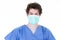 Doctor in sterile hospital wearing surgical clothes blue gown protective coronavirus mask covid-19