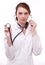 Doctor with stethoscope in her hands. Isolated on