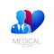 Doctor surgeon vector logotype in blue color. Silhouette medical cardiologist man. Logo for clinic, hospital, cardiology