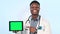 Doctor, tablet green screen and presentation with yes or okay hands for healthcare and clinic information on blue