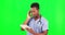 Doctor, tablet and headache with black man on green screen for research, stress and burnout. Technology, anxiety and