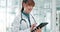 Doctor, tablet and woman with online schedule for hospital or software for telehealth, medical database and tech for