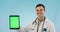 Doctor, thumbs up and tablet green screen for clinic presentation, website or registration in studio. Face of healthcare