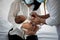 Doctor is using a stethoscope, checking the respiratory system and heartbeat Of a 12-day-old baby newborn