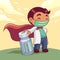 Doctor wearing medical mask with vaccine cartoon character. COVID-19 outbreak medical staff.