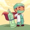 Doctor wearing medical mask with vaccine cartoon character. COVID-19 outbreak medical staff.