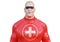 Doctor wearing superhero mask and red costume. Protection concept against viruses and diseases and superhero power for medicine