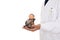 A doctor in a white coat holding an old grandma model standing in front of a white background