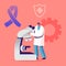 Doctor in White Medical Robe Looking in Electronic Microscope with Purple Awareness Ribbon, Shield