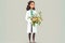 Doctor woman with a bouquet of flowers on a gray background. Generative AI