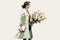 Doctor woman carries a bouquet of spring flowers. Generative AI