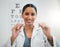 Doctor, woman and glasses, vision and eye care, portrait and optometry with health and smile. Prescription lens, frame