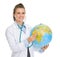 Doctor woman listening globe with stethoscope