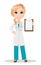 Doctor woman in medical gown with stethoscope. Cute cartoon doctor character.