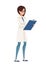 Doctor woman in medical gown. White medical gown with blue pants. Female doctor hold blue check list. Cartoon character design.