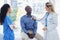 Doctor woman, patient and stethoscope at consultation in hospital for healthcare or health insurance. Black man and