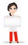Doctor woman with stethoscope. Cute cartoon smiling doctor character in medical gown holding blank banner advertising something.