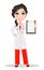 Doctor woman with stethoscope. Cute cartoon smiling doctor character in medical gown holding blank clipboard