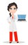 Doctor woman with stethoscope. Cute cartoon smiling doctor character in medical gown holding laptop.