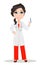 Doctor woman with stethoscope. Cute cartoon smiling doctor character in medical gown holding syringe with vaccine.