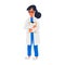 Doctor. Young female MD in blue scrubs and white gown. Medical team concept. A woman physician with medical chart